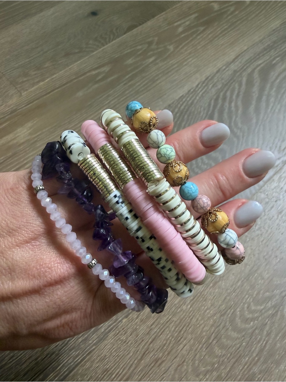 6 Stackable Women's Beaded Bracelet Set Pastel Pink, Cream, Turquoise & Amethyst